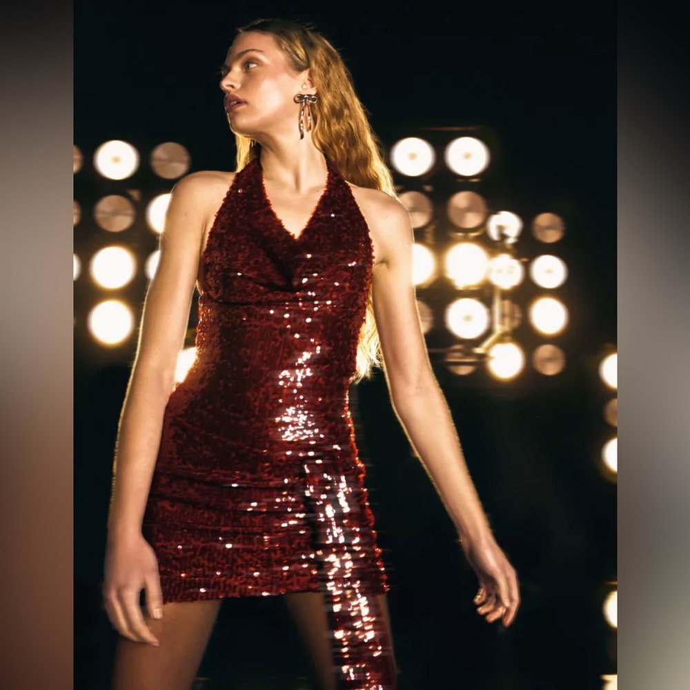 BERSHKA Cowl neck sequin mini dress